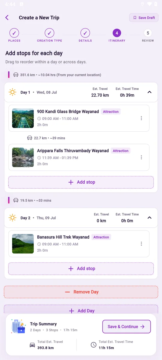 RutMe app: day-by-day itinerary with travel time between stops
