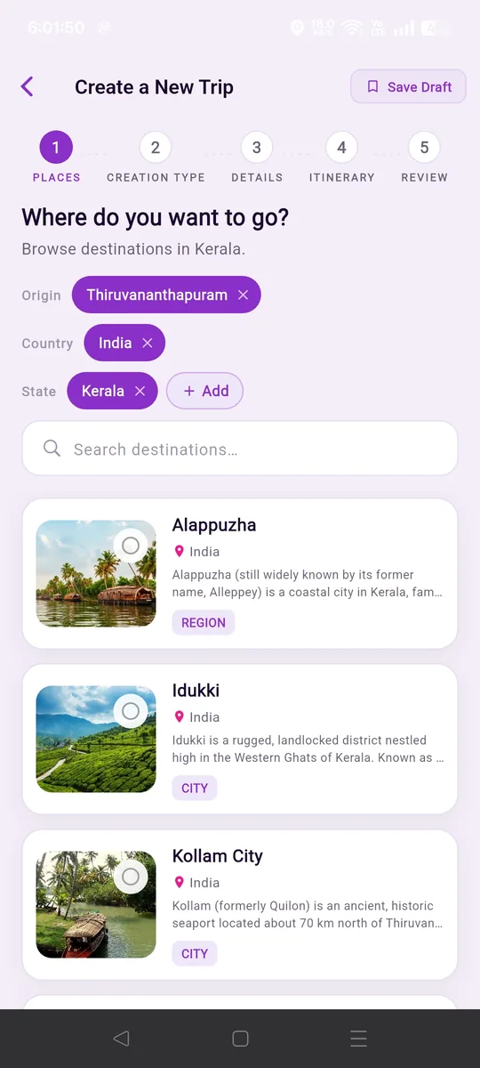 RutMe app: create a new trip, choose where you want to go