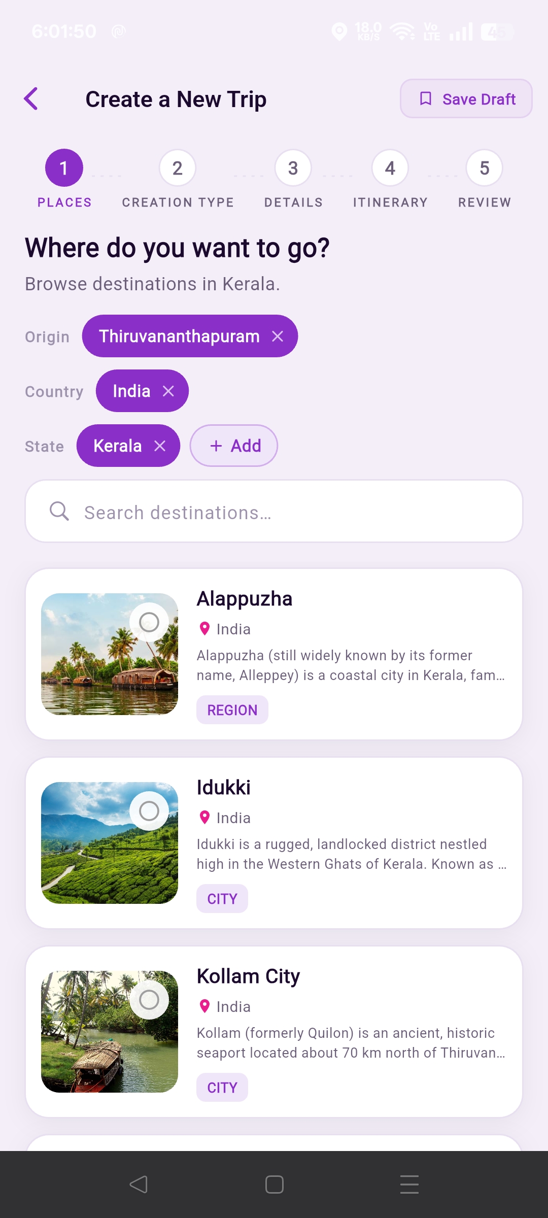 RutMe trip builder screen